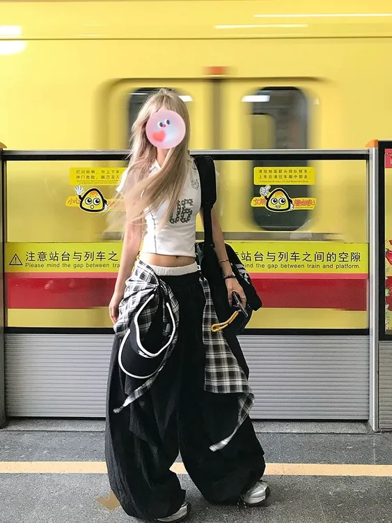 美式嘻哈街舞叠穿可拆卸格子伞兵裤女夏季宽松垂感休闲阔腿拖地裤