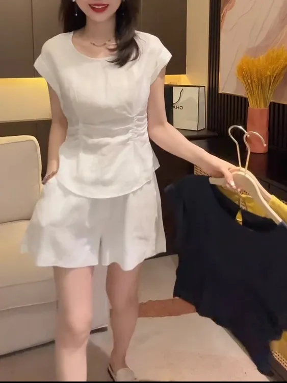夏季新款薄款棉麻套装褶皱宽松显瘦洋气透气短袖上衣短裤两件套