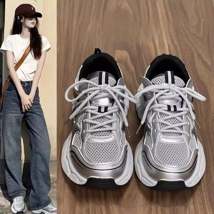 厚底老爹鞋女款2025新款春夏显脚小复古女鞋子爆款银色休闲运动鞋