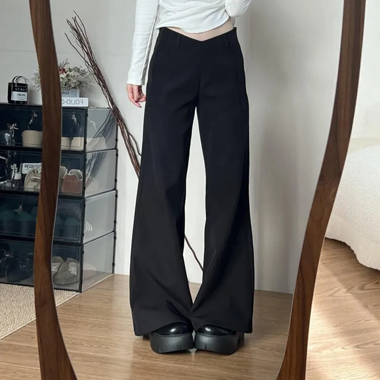 今年流行的微喇叭裤黑色垂感低腰西装裤大尺码胖妹妹美式慵弛感裤