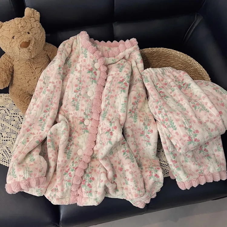 莫奈花园睡衣女冬季2025新款珊瑚绒加绒加厚法兰绒开衫家居服套装