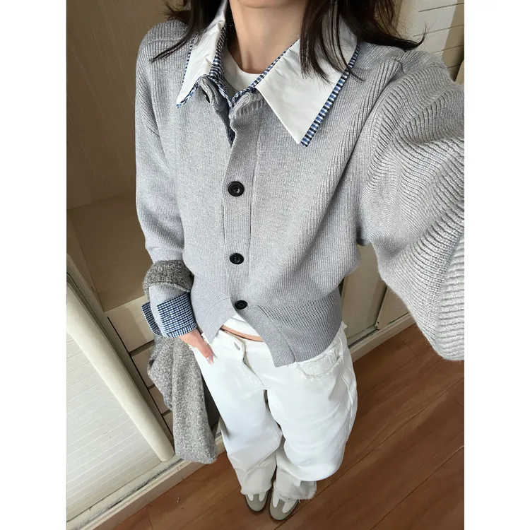 ESEWRD秋冬氛围感撞色格子假两件针织衫毛衣女修身显瘦开衫外套潮