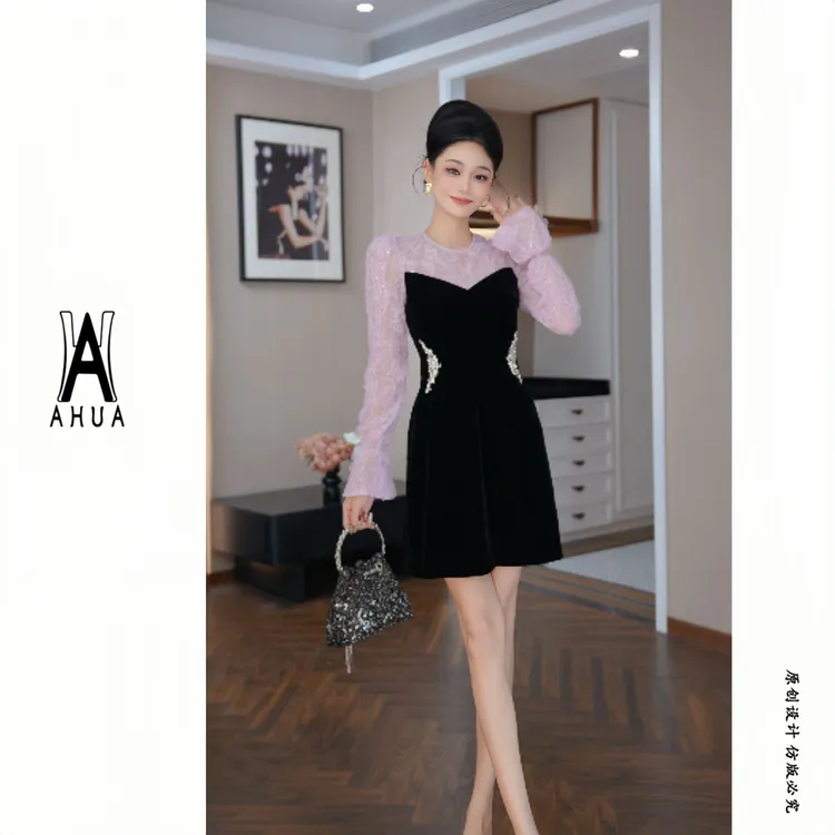 【花花原创】复古拼接显瘦气质长袖轻奢法式名媛宴会连衣裙15584