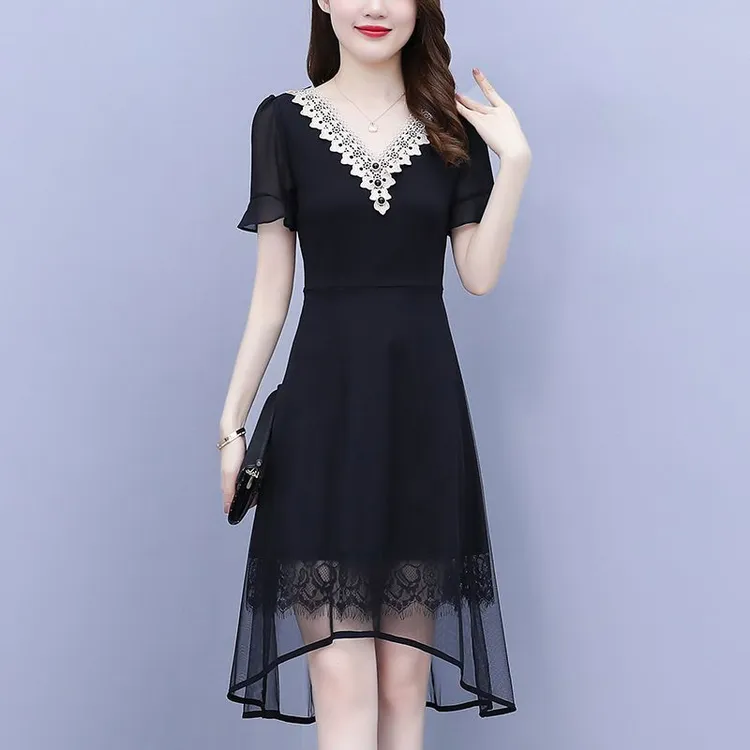 大码女装2025夏季新款胖高端燕尾网纱拼接显瘦洋气中长款连衣裙