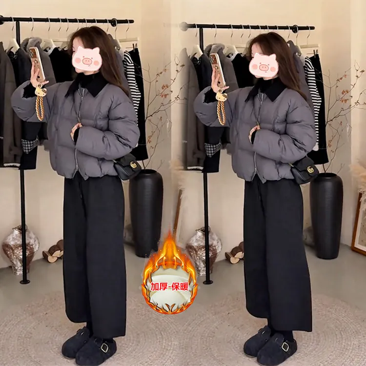 冬季新款穿搭一整套翻领设计短裤棉服外套搭配加厚保暖休闲裤套装