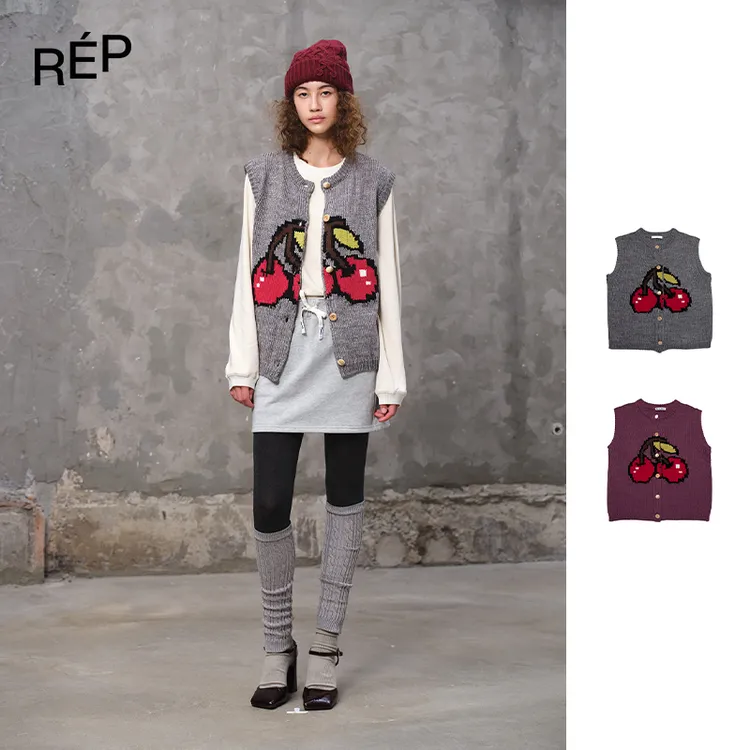 Puzzle piece设计师品牌沙灰/复古梅子色Cheri针织马甲 26RS新品