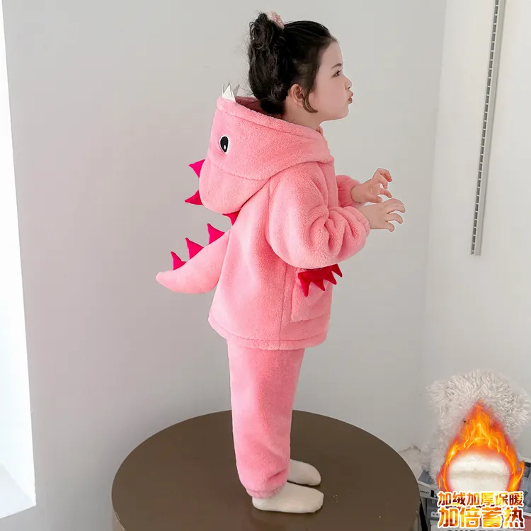 女童睡衣冬季法兰绒开衫套装宝宝冬款恐龙卡通风儿童珊瑚绒家居服