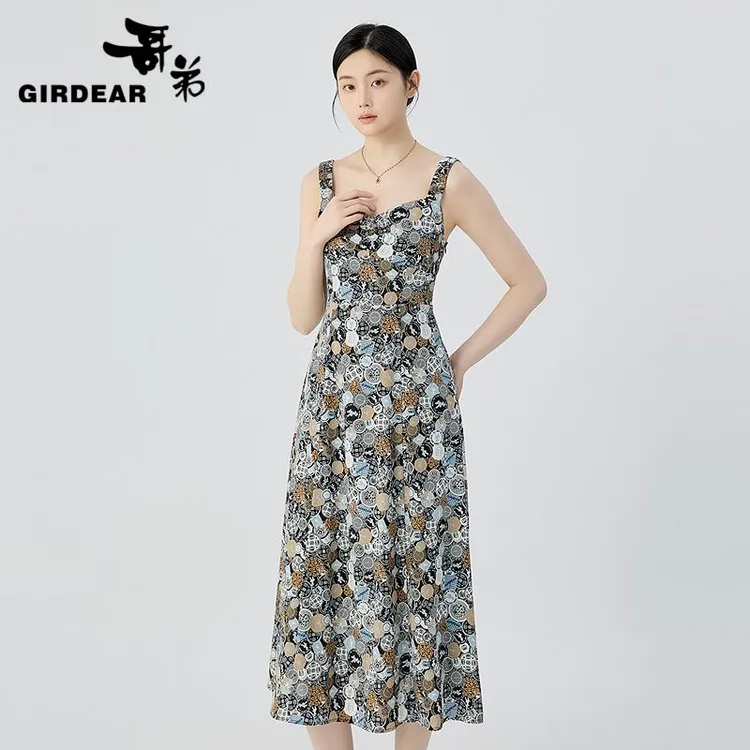 哥弟 桃心领吊带碎花连衣裙150028