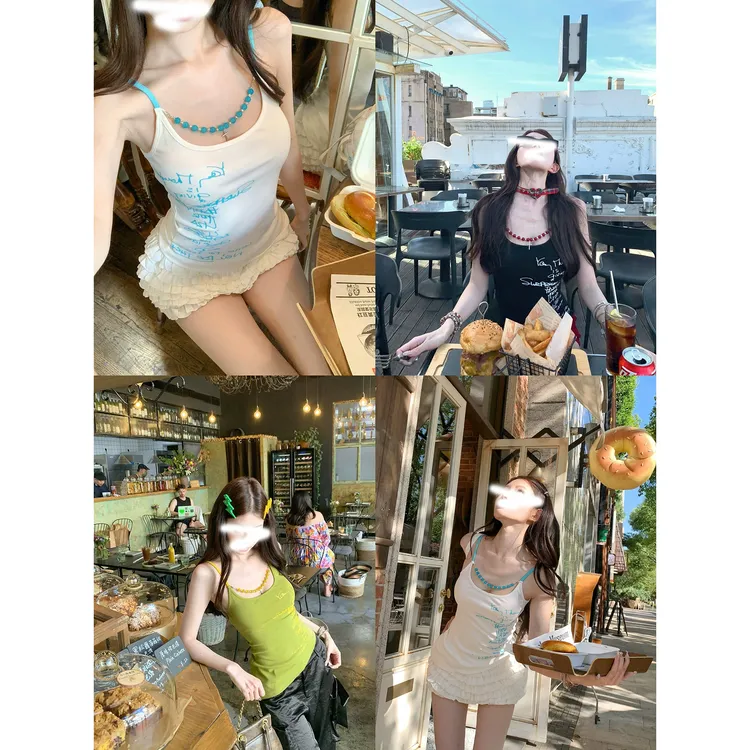 街区焦点 网红辣妹设计感印花吊带百搭显瘦背心性感修身上衣女
