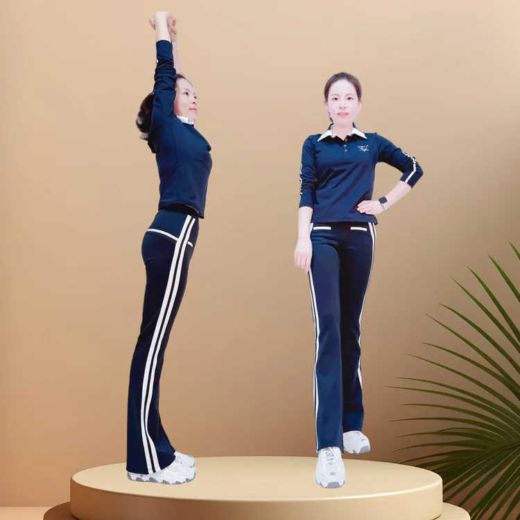 【Su推荐】佳木斯健身操休闲时尚翻领氨锦藏青长袖套装显瘦套装