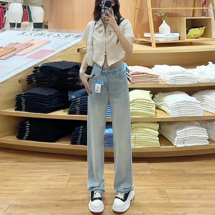 怀旧牛仔裤女2025年夏季薄新款浅色冰丝高腰垂感窄版直筒阔腿裤子