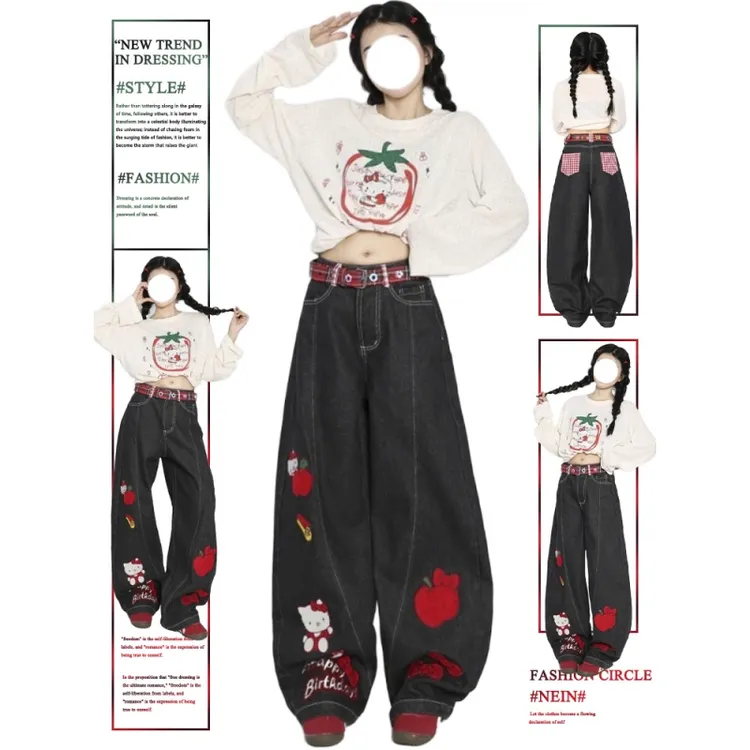 Kitty猫刺绣阔腿牛仔裤女秋季新款潮流百搭宽松显瘦直筒拖地长裤