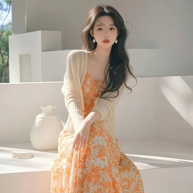 法式设计感针织外套花色碎花裙套装女2025年春秋季新款小众两件套