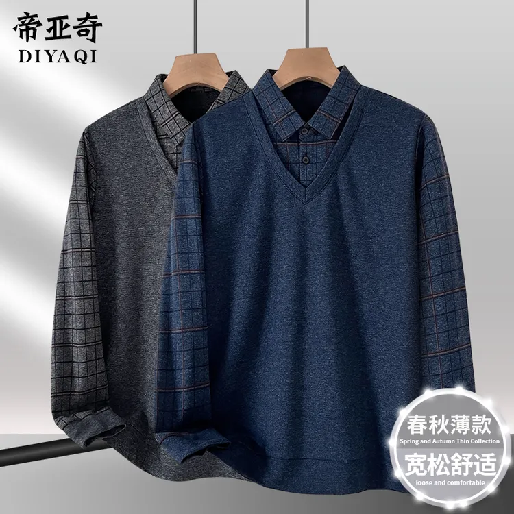 爸爸秋装长袖t恤新款中年男士假两件衬衫领打底衫中老年爷爷上衣