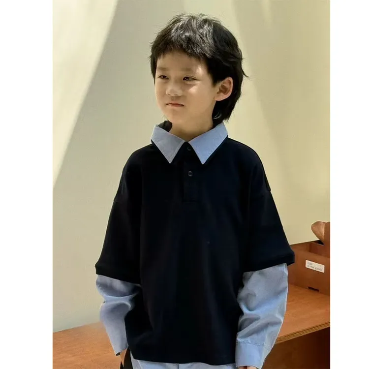 吴小越w1016男童春装翻领假两件韩版衬衣棉t恤长袖中大童儿童外套