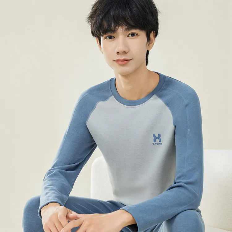 秋冬保暖内衣男士秋衣秋裤德绒青少年学生拼接线衣线裤棉毛衫套装