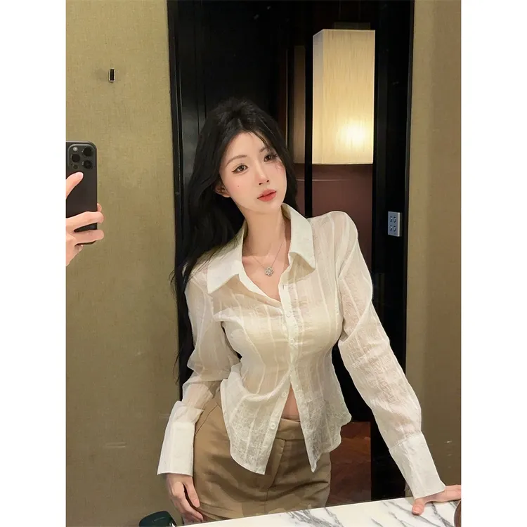 纯欲气质收腰显瘦微透视长袖衬衫女秋冬季暗纹提花设计感小众上衣