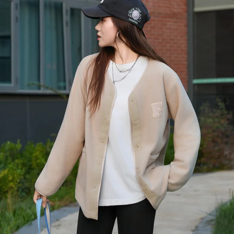 气凝胶摇粒绒秋冬抗静电加绒加厚女士宽松无领开衫休闲卫衣绒衫