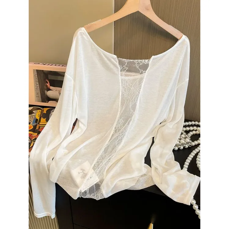 好看哭了！一眼迷上！t恤女装薄款蕾丝拼接后背镂空不规则长袖罩衫