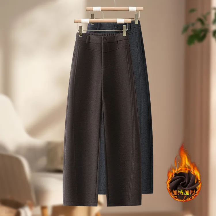 秋冬加绒收腹冬季休闲裤保暖磨毛直筒裤高腰弯刀裤-7868