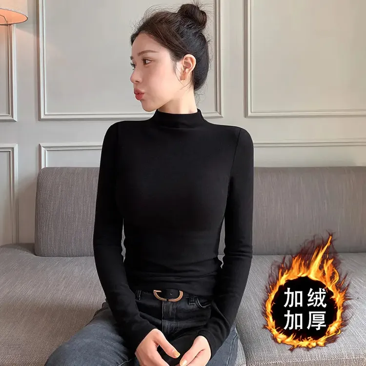 加绒加厚黑色半高领打底衫女秋冬内搭2025新款长袖修身上衣百搭