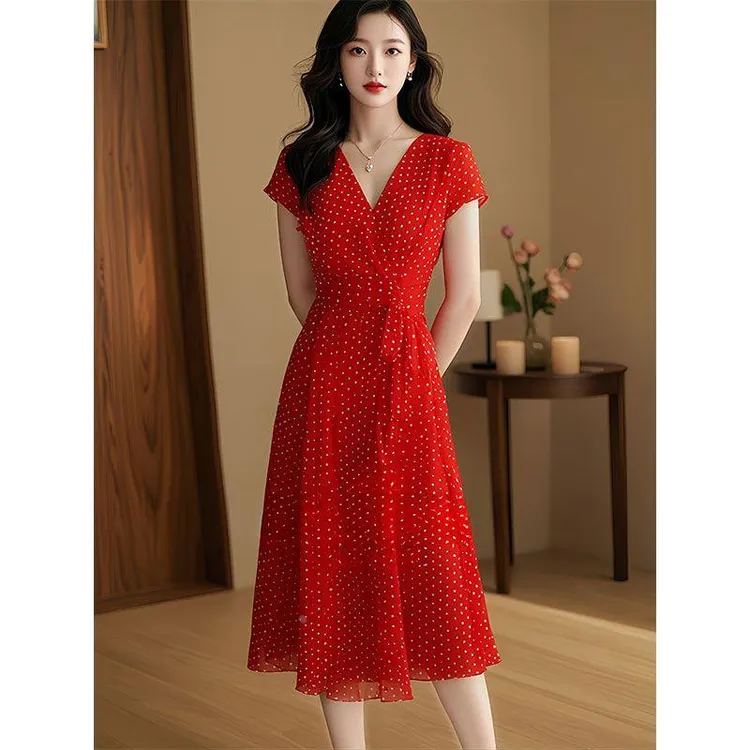 杜拉妮温柔御姐风法式端庄大气遮肚子红色波点雪纺连衣裙女夏过膝