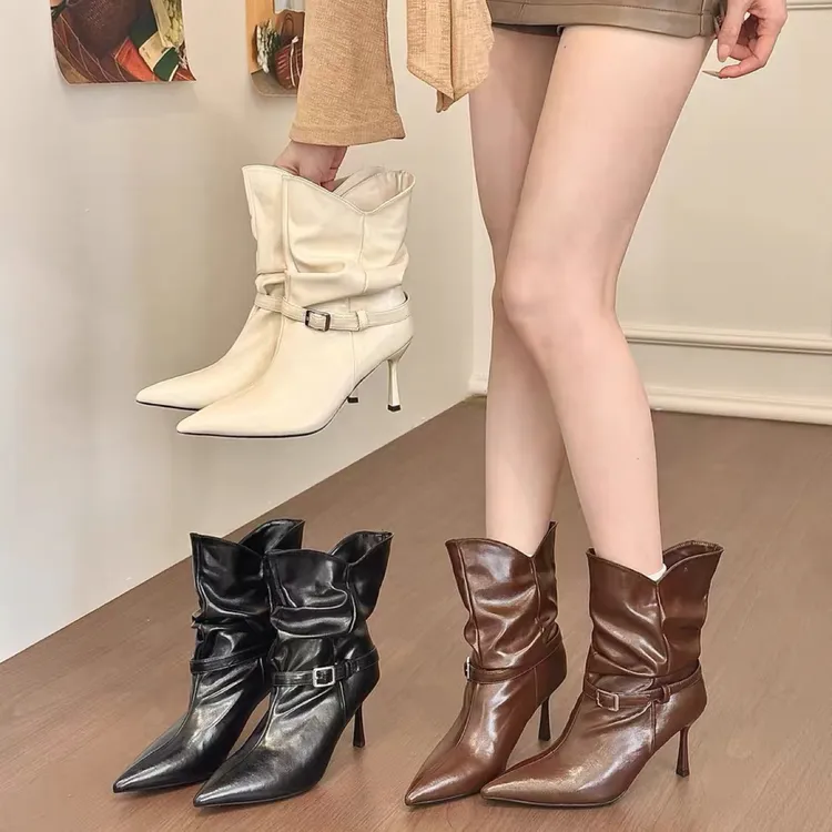 titing时髦感腿精！气质尖头搭扣细跟堆堆靴女秋显瘦v口高跟短靴