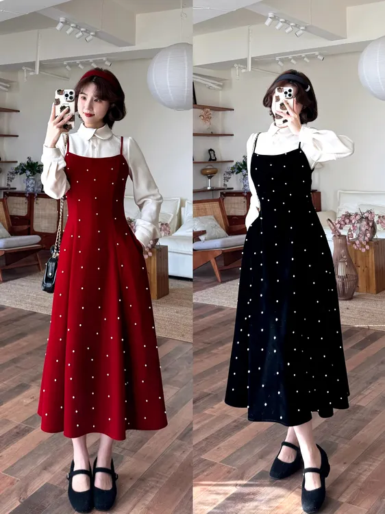 蕾英俊-麋鹿来信-冬季法式丝绒订珠优雅吊带连衣裙-JFD8059