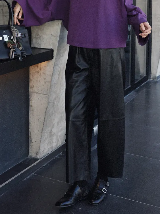 TT设计师【低调光芒】日系高级感复古风绵羊皮松紧腰阔腿裤TT190960