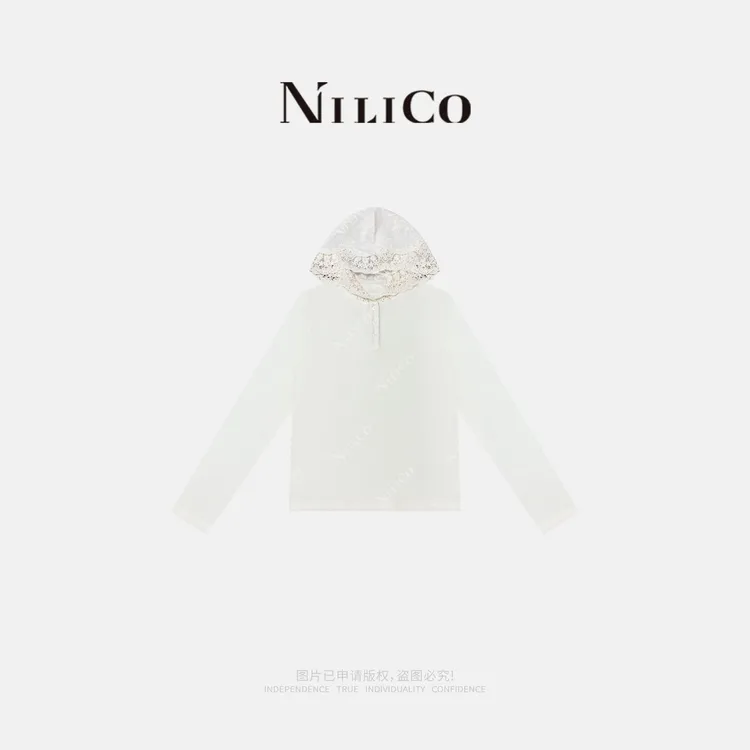 NILICO【翡翠海岸】舒芙绒拼花边连帽休闲女长袖卫衣