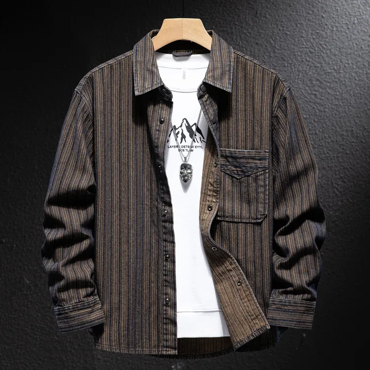 MR.MUDI/穆迪先生条纹提花牛仔衬衫男士秋季美式宽松衬衣牛仔外套