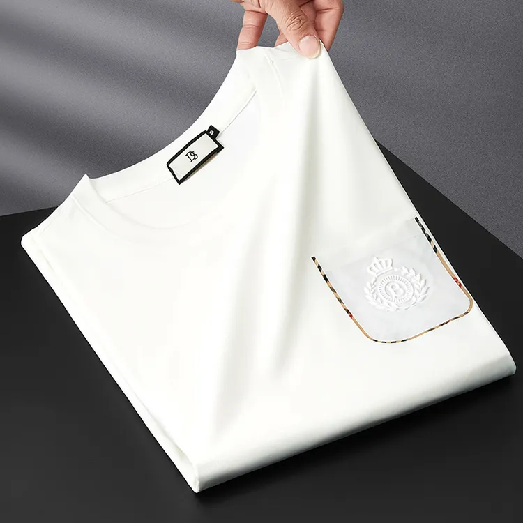 高级感夏季冰丝滑弹力圆领T恤男修身时尚口袋压凸男士短袖上衣