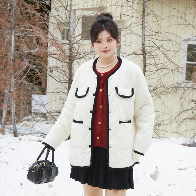 【C】秋冬夹棉时尚品质女装圆领撞色大菱格间棉外套 3985