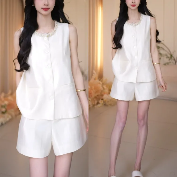 时尚小香风套装女夏季新款小个子气质显瘦无袖上衣阔腿短裤两件套