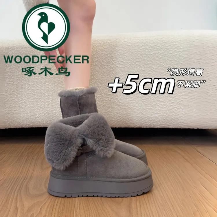 啄木鸟厚底中筒灰色雪地靴女2025新款冬季加绒加厚棉靴保暖棉鞋子