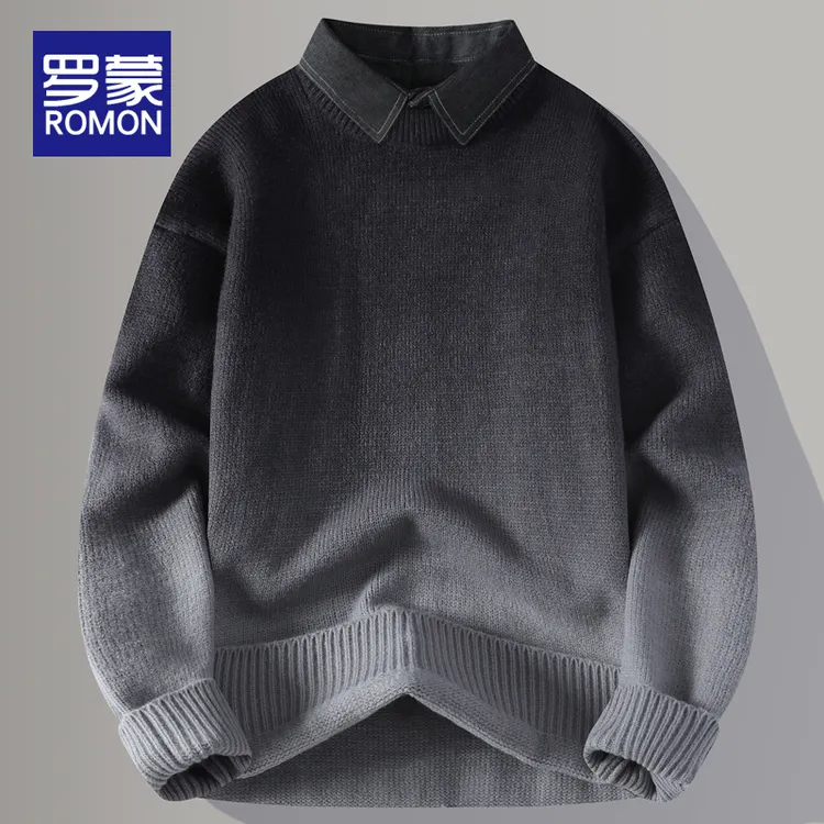罗蒙男士渐变色衬衫领针织衫上衣男秋冬款男装宽松假两件毛衣男款