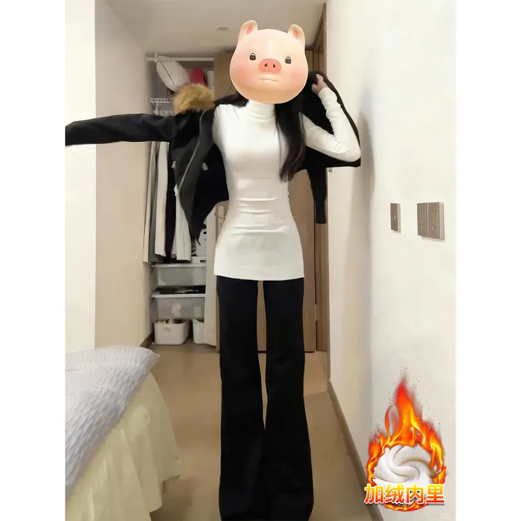 白色半高领加绒加厚中长款内搭加长打底衫女秋冬季遮屁股包臀上衣