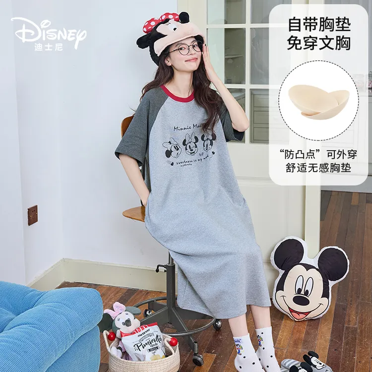Disney迪士尼夏季新款短袖纯棉睡裙卡通薄款带胸垫舒适家居服0343