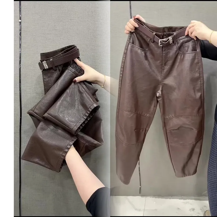 2025新款砂洗皮宽松时尚秋冬显瘦高腰弯刀洋气防风九分直筒休闲裤