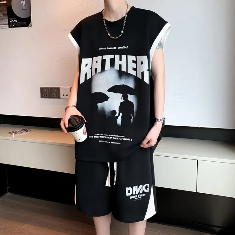 青少年背心外穿整套装男夏季美式潮牌篮球衣坎肩t恤休闲短裤搭配