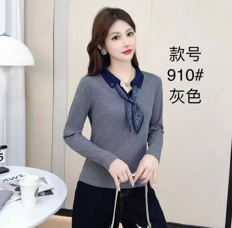 2025春秋新款时尚百搭气质洋气宽松显瘦女士长袖上衣 翻领丝巾款
