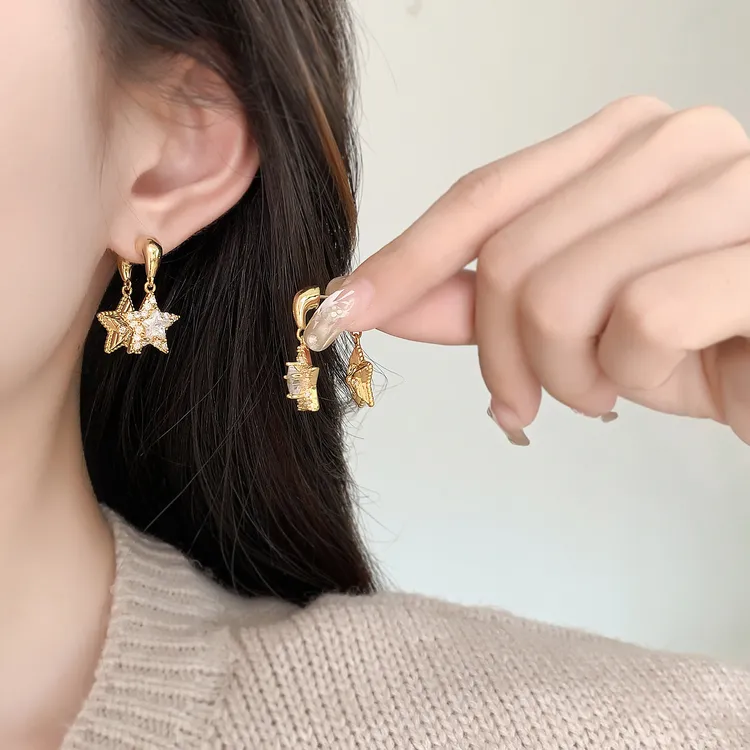 铜合金合成锆石耳饰 法式轻奢五角星星气质前后戴耳环高级感耳饰
