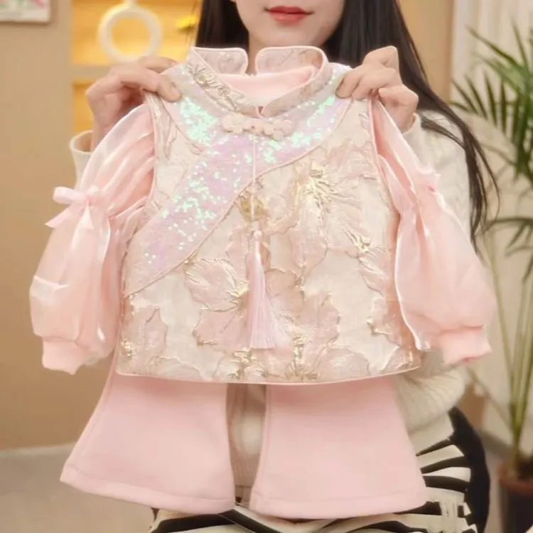 春装三件套2025年新款春秋时尚国风马甲针织喇叭裤外套套装女童