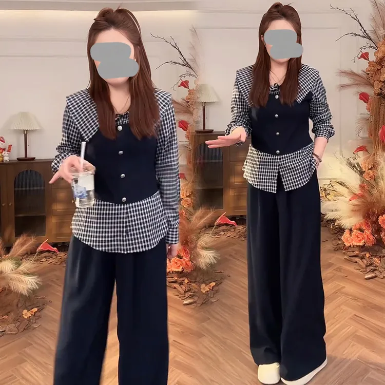 时尚套装女2025春秋新款洋气格子衬衫拼接假两件上衣阔腿裤两件套