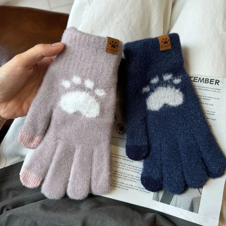 冬季可爱熊爪手套男女情侣加厚加绒保暖触屏毛线手套骑行针织手套