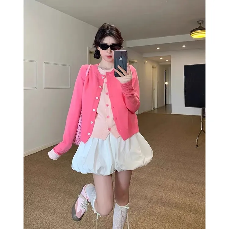 韩系设计感树莓粉色假两件针织开衫女春秋慵懒高级感毛衣外套上衣
