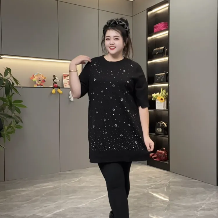 秋冬新款大码宽松中袖显瘦遮肉T恤裙时尚烫钻上衣女中长款3042-17