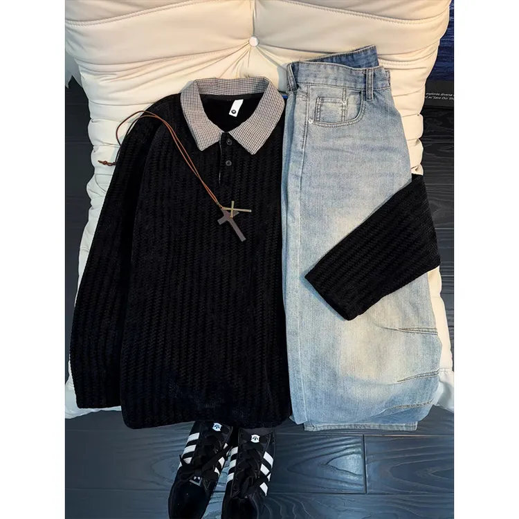 千鸟格鱼骨纹polo翻领打底长袖t恤男款秋冬美式复古加绒加厚卫衣