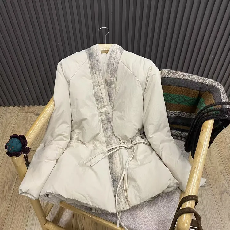 秋冬V领复古国风90白鸭绒羽绒服系带文艺百搭保暖外套女W5100