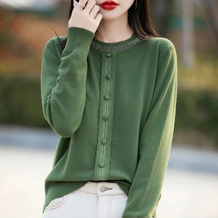 2025春季新款安迪绒烫钻包扣假开衫长袖毛衫春秋气质短款时尚圆领